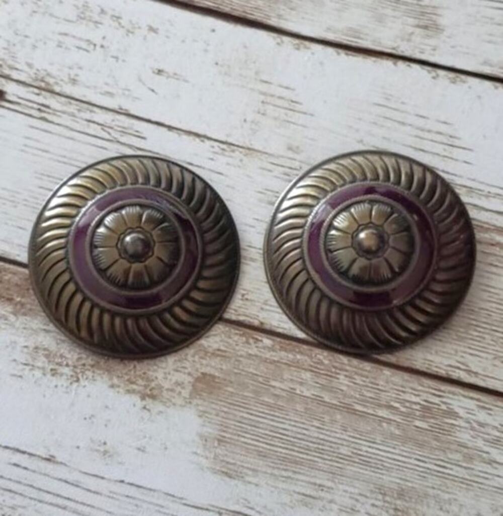 Vintage Clip On Earrings Dark Bronze & Plum Circle Statement 1.5"